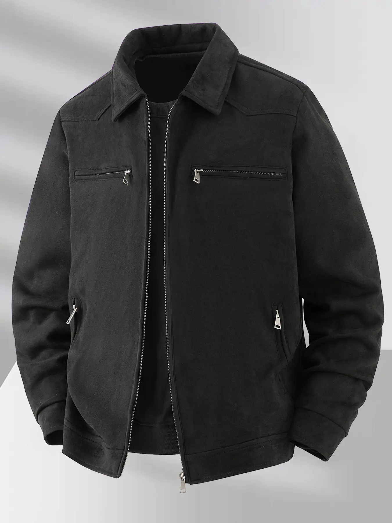 Men's Vintage Workwear Jacket, Zipper Closure, Dual Front Pockets, Fashionable Collar Coat, Faux Suede Fabric, Spring Fall
