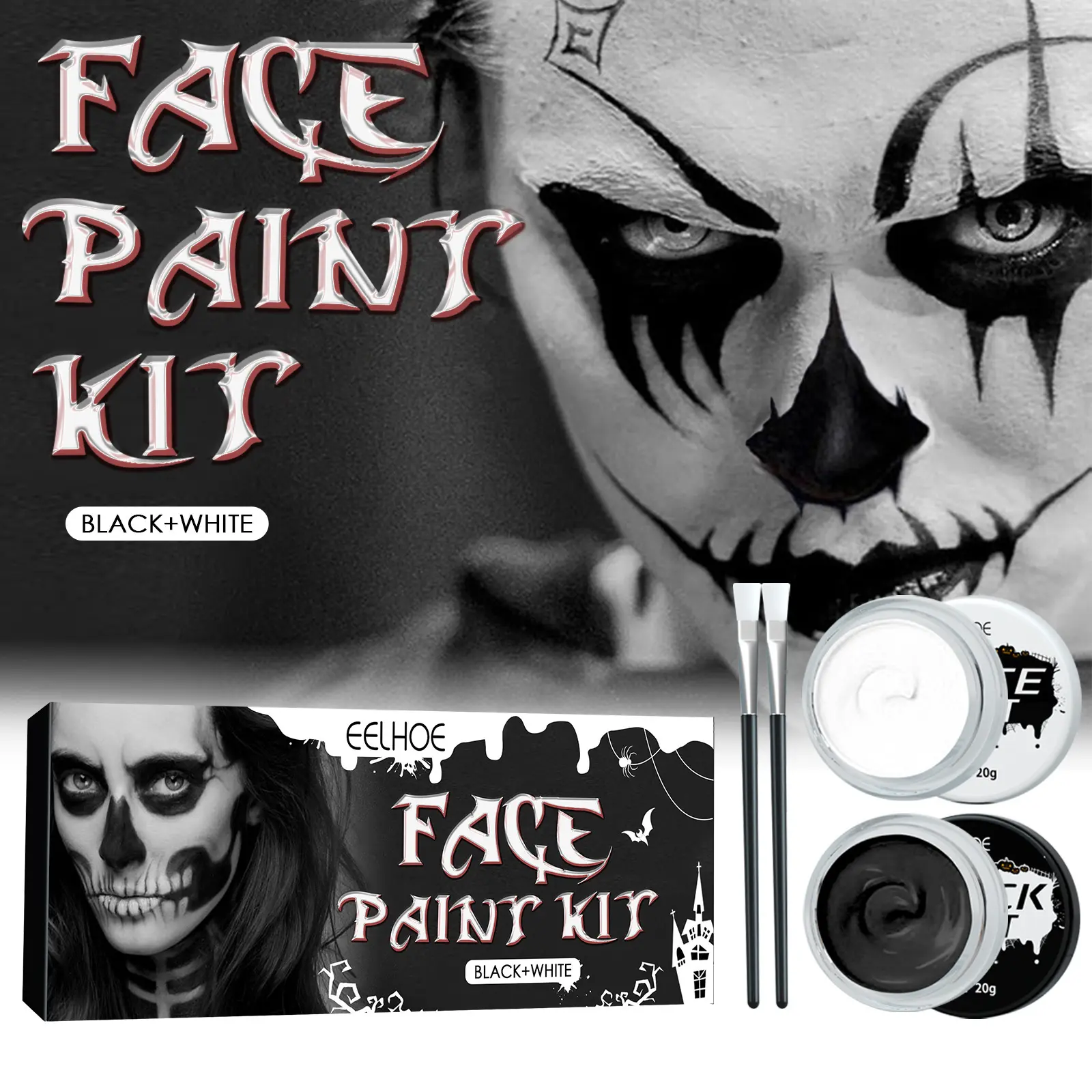 EELHOE Black & White Face Paint Kit with Brushes, Cream Body Face Painting Makeup for Halloween Skull Clown Skeleton Cosplay, Non-Toxic Long Lasting Goth Zombie Face Paint for Party Stage Makeup