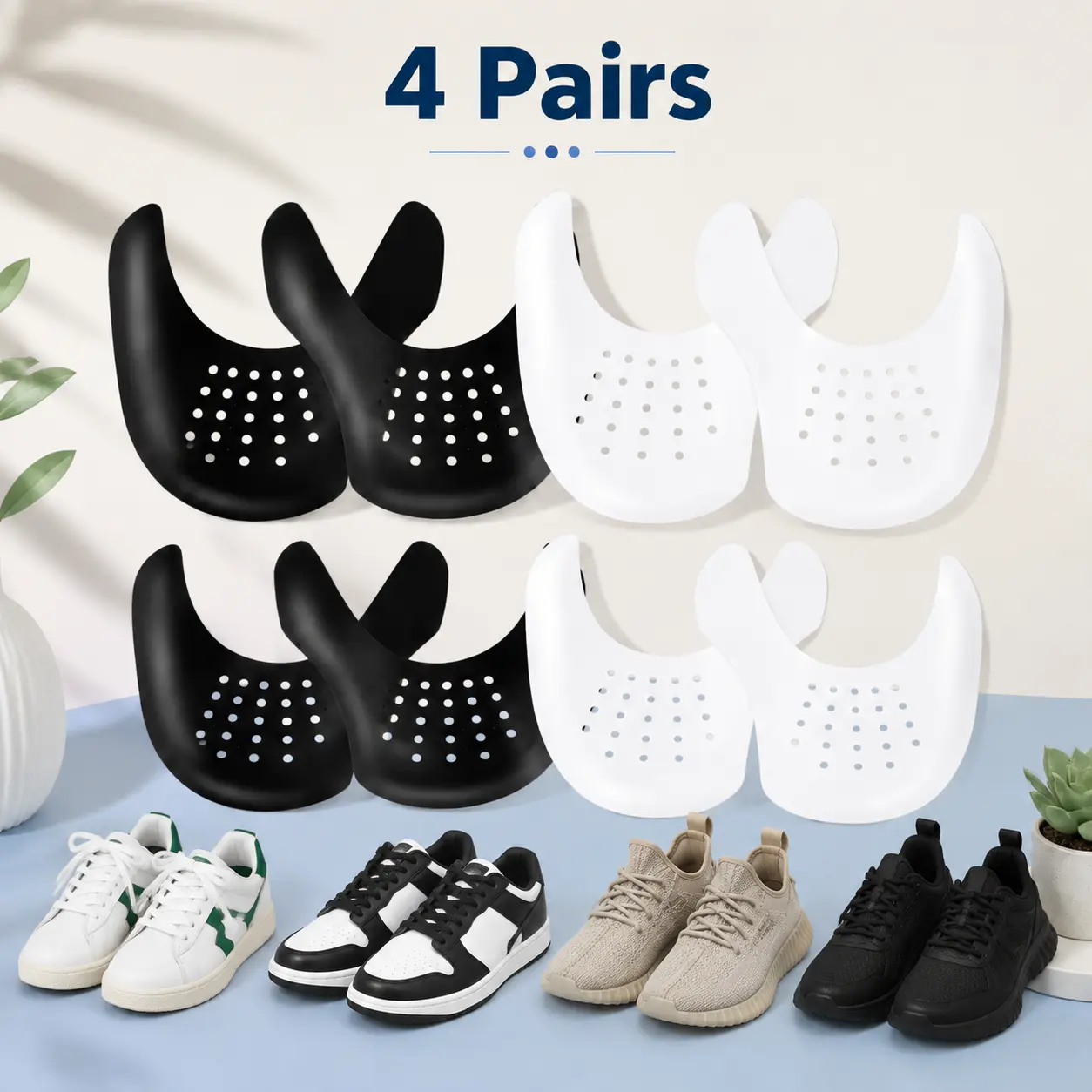 4 Pairs Shoe Crease Protectors, Flexible PE & TPR Anti-Wrinkle Toe Box Inserts for Unisex Sneakers & Daily Wear, Breathable Adjustable Fit, Toe Protectors For Shoes, Footwear Crease Guards