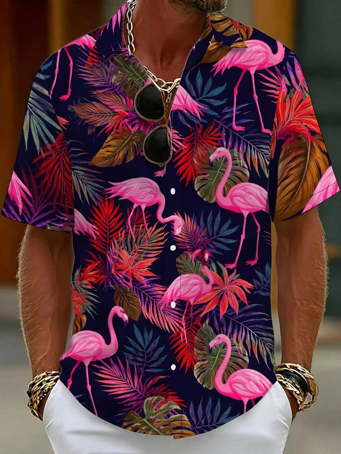 Men's Open-front Short-sleeved Casual Printed Floral Shirt with Hidden Tropical Colorful Leaf and Pink Flamingo Print
