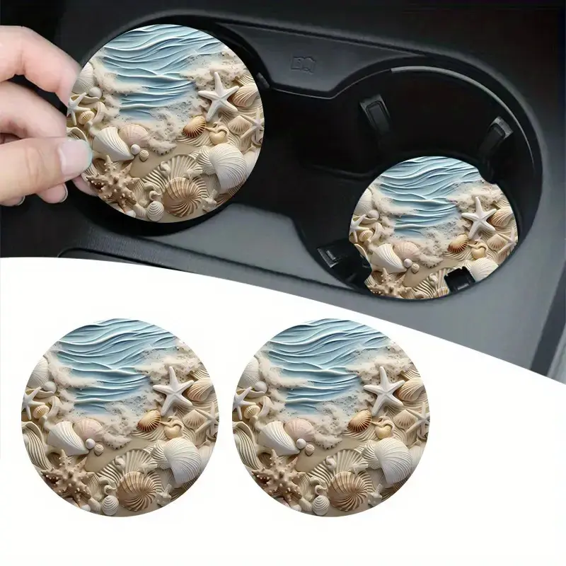 2-Pack Absorbent Ceramic Car Coasters, Starfish & Seashell Design, 3D Textured Ocean Beach Style, Car Interior Decor, Summer Gift for Camping & Hiking Enthusiasts