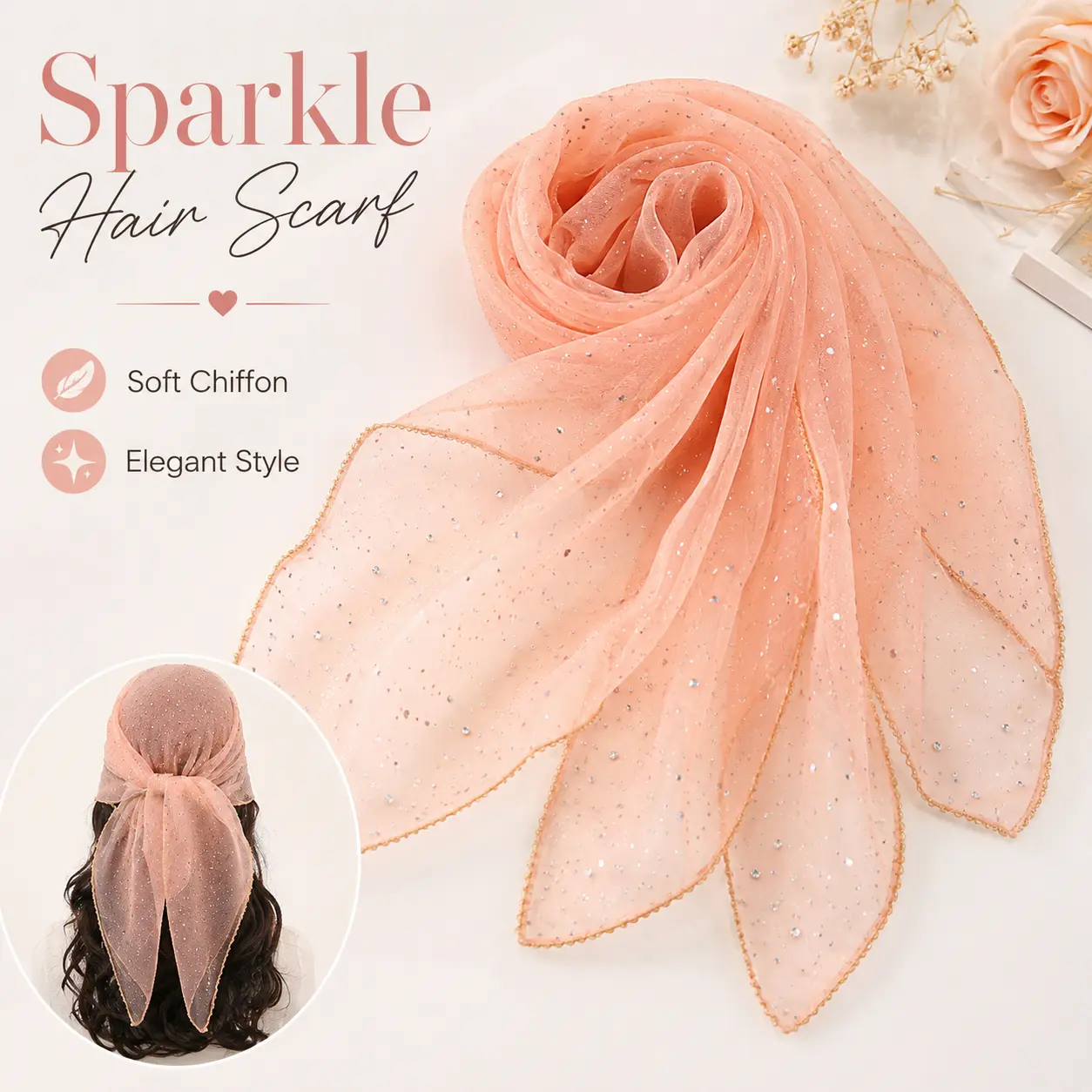 Chiffon Headscarf with Sparkle Rhinestones for Women, Lightweight 40 g Square Scarf for Daily Wear, Peach Pink & 11 Other Colors, Feminine, 80*80Cm, Contact Customer Service, Elegant Style, 80X80cm, Casual, Feminine Statement, Perfect Gift, Girls, Solid