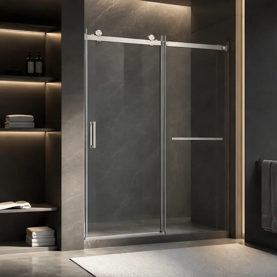 Frameless Sliding Shower Door - 56-60 in Wide, 72 in High Adjustable, 5/16 in (8 mm) Tempered Glass, Soft Close, Leak Proof Easy Clean Coating, Brushed Nickel Stainless Steel Reversible Bathroom Enclosure, Doors, Sliding Door