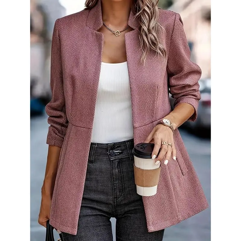 Women's Herringbone Front Blazer - Business Casual Long Sleeve Work Jacket with Full Lining and Thickened Shoulders