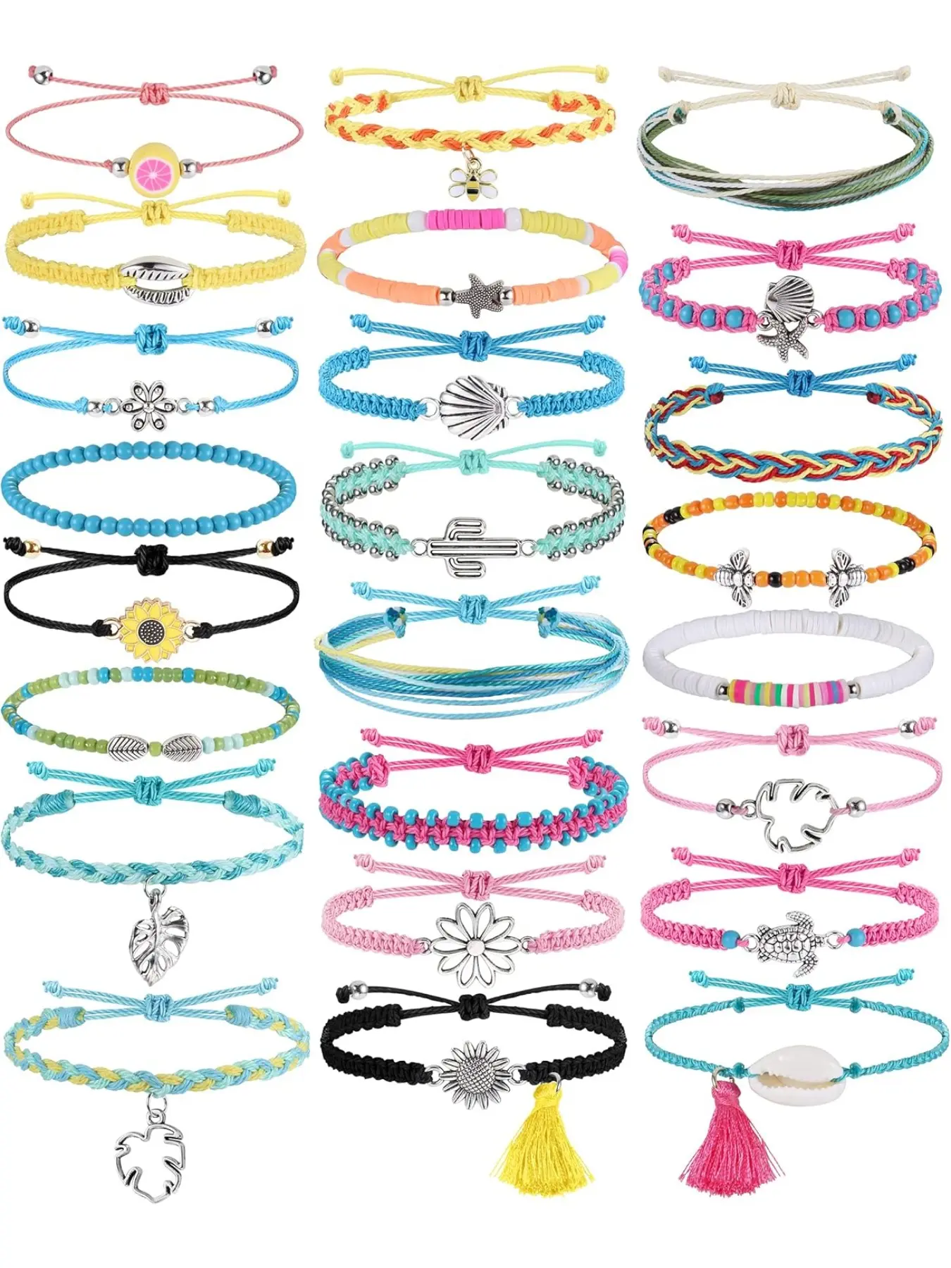24 Pieces Surfer Pretty Bracelet Ocean Wave Adjustable Waterproof Handmade Friendship Bead Bracelets Summer Sunflower Bee Shell Starfish Bracelets Anklets Jewelry for Women