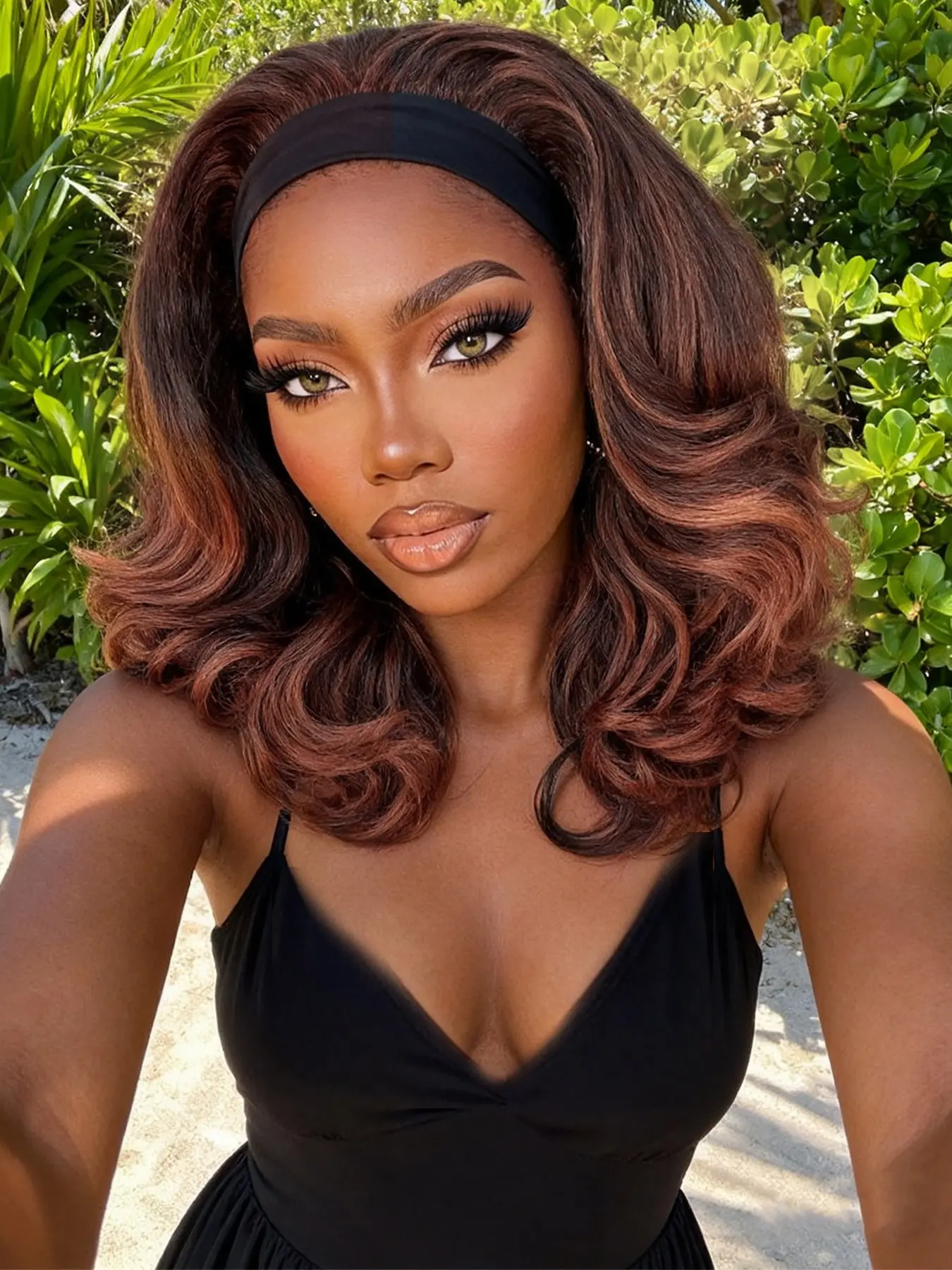 Headband Layers Wigs for Women Wavy 20 Inch Glueless Caramel Copper Brown Half Wig Loose Wave Synthetic Fiber Wig Synthetic Hair Yaki Curly with Curly Ends Natural Black Headband Wig