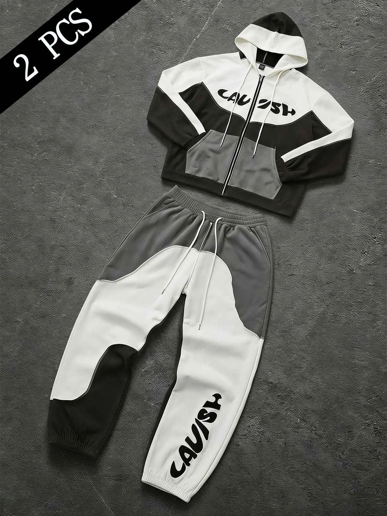 Unisex 2 Piece Color Block Tracksuit Zip Up Hoodie & Jogger Pants Matching Set, Casual Sporty Set, Black White Grey Contrast Panel Graffiti Letter Print Casual Co Ord Set, Color Block Graffiti Script Print Couple Matching Loungewear Set