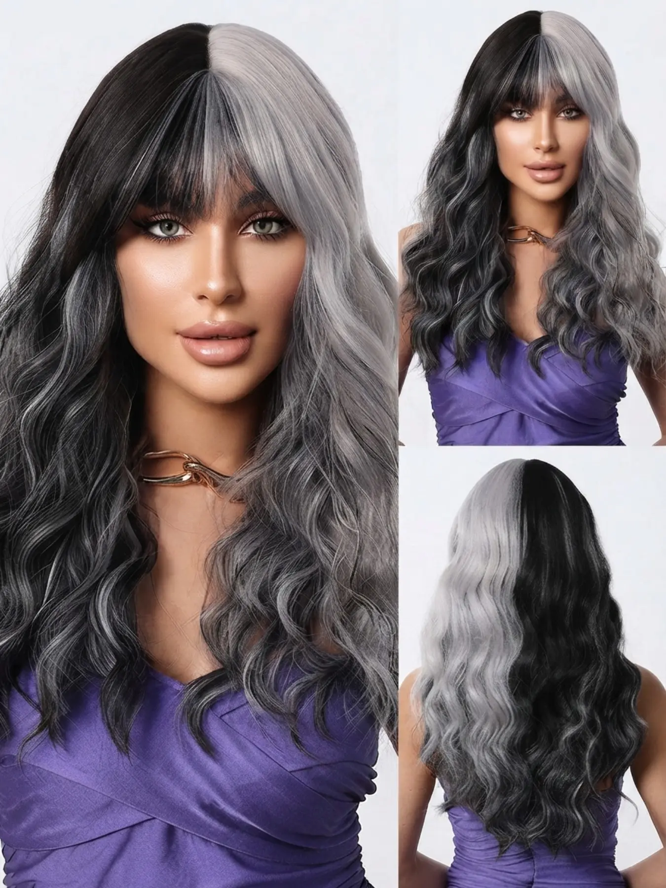 Half Black Half Silver Grey Split Tone Wig with Bangs Long Wavy Synthetic Heat Resistant Wigs for Women Halloween Cosplay Costume Party E-Girl Gothic Cruella Dress Up Hairpieces Natural Daily Wear Fancy Dress Accessories