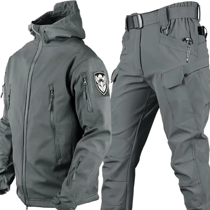 Winter Thicked Men Camo Suit Waterproof Tactical Set Multi-pocket Hooded Jacket Fleece Pants Outdoor 2-piece