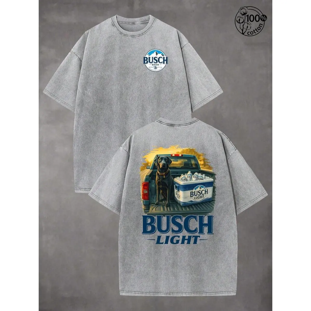 Retro "BUSCH LIGHT" Beer Pattern, Black Dog And Truck, Men's And Women's T-Shirts, Fall Clothes, Wash Cotton High Quality Cotton Printed T-Shirts, Washable Unisex T-shirt