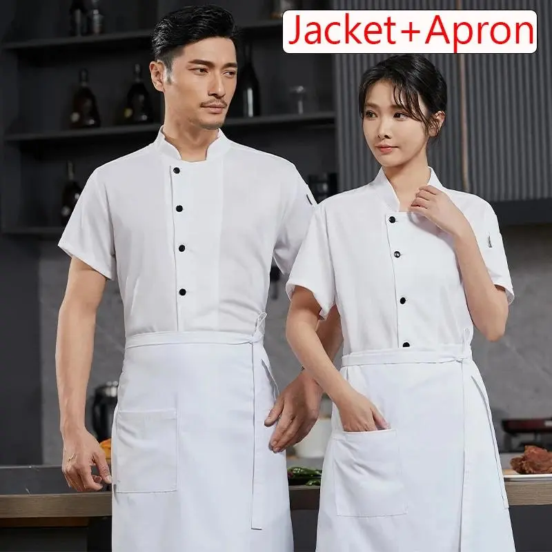 Catering Uniform Set Restaurant Outfit Kitchen Work Shirt and Apron for Food Service Cooking Men Women Short Sleeved Chef Jacket