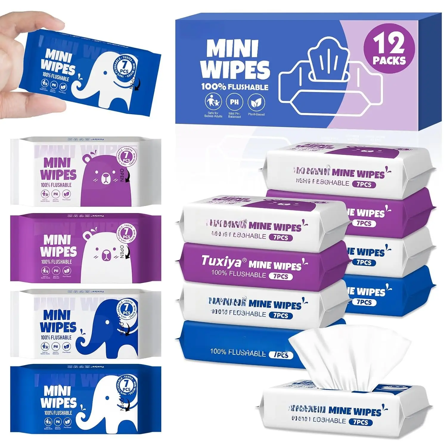 12 PackTravel Flushable Wipes with Aloe & Vitamin E,Impossibly Compact 7 Wipe Per Pack Mini Travel Adult Wet Wipe, & -Free -Friendly Flushable Wet Wipe(84  Wipes)