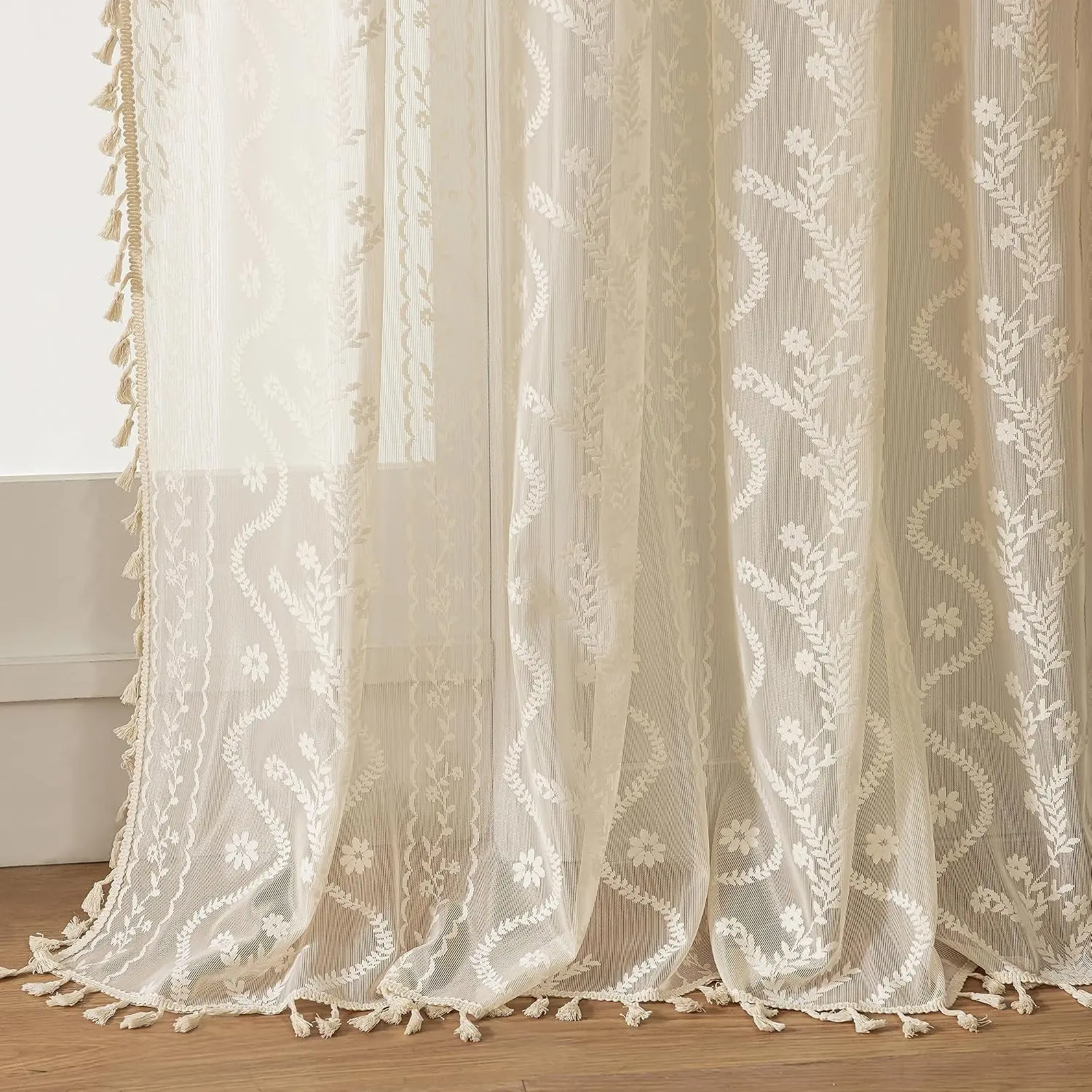Vintage Boho Sheer Lace Curtain Panel Set - 2 Panels, 84in Long, French Country Flower Print, Tassels, Light Filtering Privacy for Bedroom, Living Room, Beige