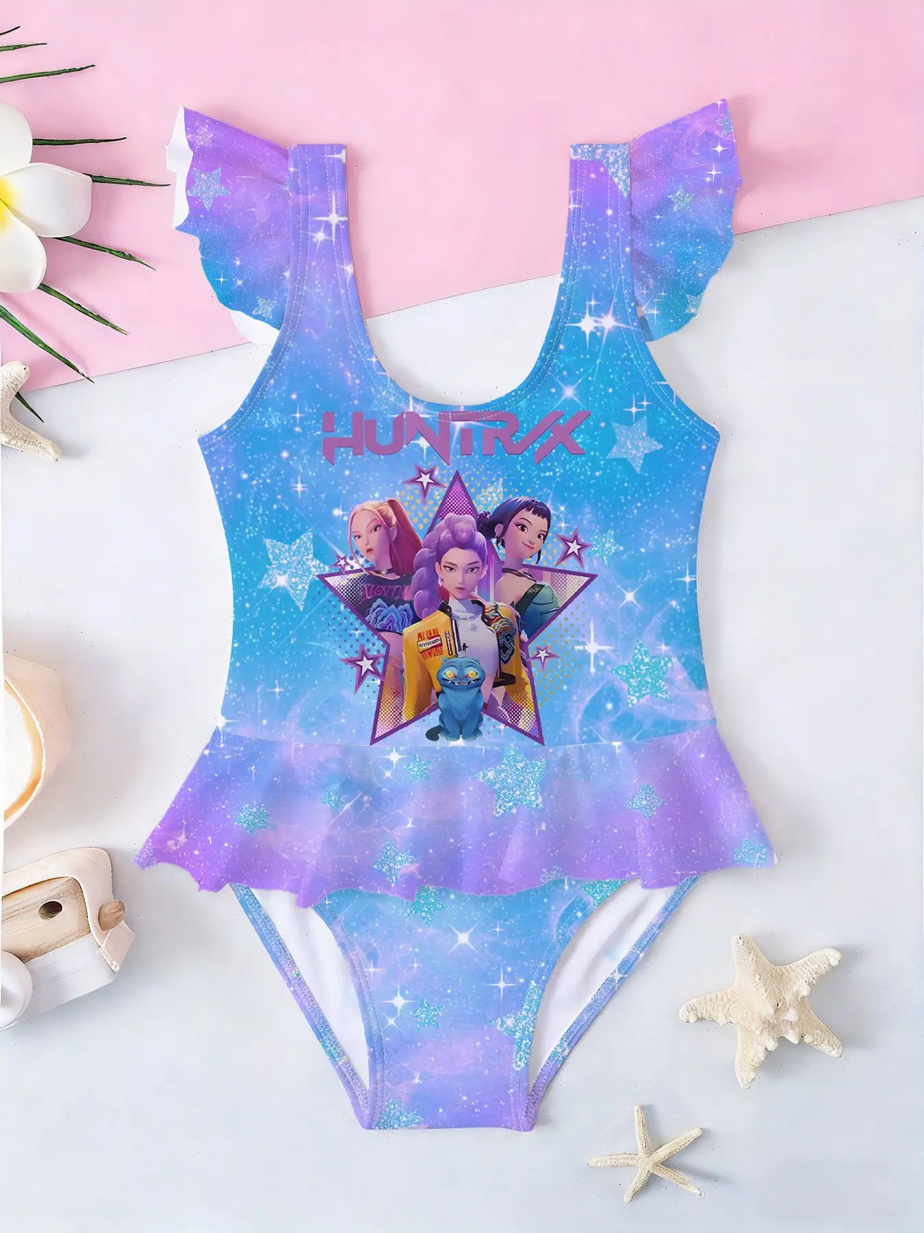 Girls' Korean Style One-Piece Swimsuit, Blue Star Cat Cartoon Print, Sleeveless Romper, Summer Beach Swimwear, All Seasons, Swimsuits Swimwear