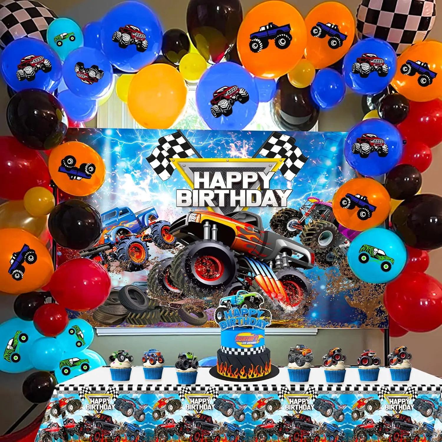 Monster Truck Birthday Decorations Monster Jam Party Decoration Supplies Monster Truck Backdrop Balloons Tablecloth Cake Toppers Cupcake Toppers