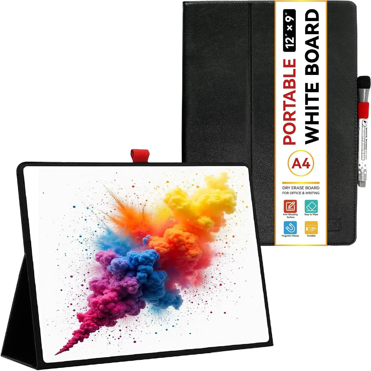 12"x9" Portable White Board with Foldable Stand, A4 Small Whiteboard, Ultra-Smooth Anti-Ghosting Surface, Easy Wipes Dry Erase Board for Office  School, Includes Marker & Eraser (Black)