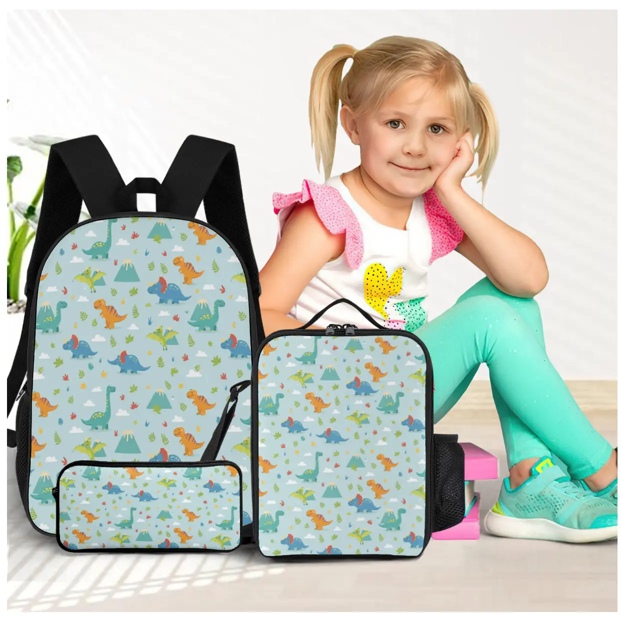 Dinosaur, backpack set, backpack, lunch box, pencil case, essential three piece set for back to school season
