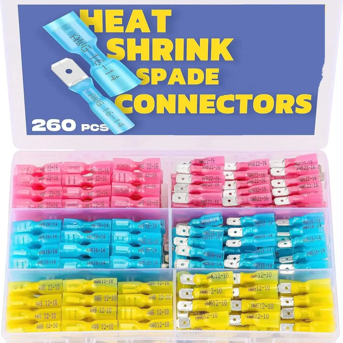 260PCS Heat Shrink Spade Connectors - Durable Reliable Connectors Quick Disconnect Female & Male Spade Terminals for Watercraft, Electronics & Automotive