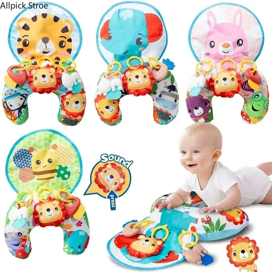 Baby Tummy Time Play Mat with Support Pillow & Sensory Rattles, Colorful Animal Activity Gym for Crawling, Early Learning, Motor Skill Development & Floor Play Toddler Play Mat Exercise Play Mat