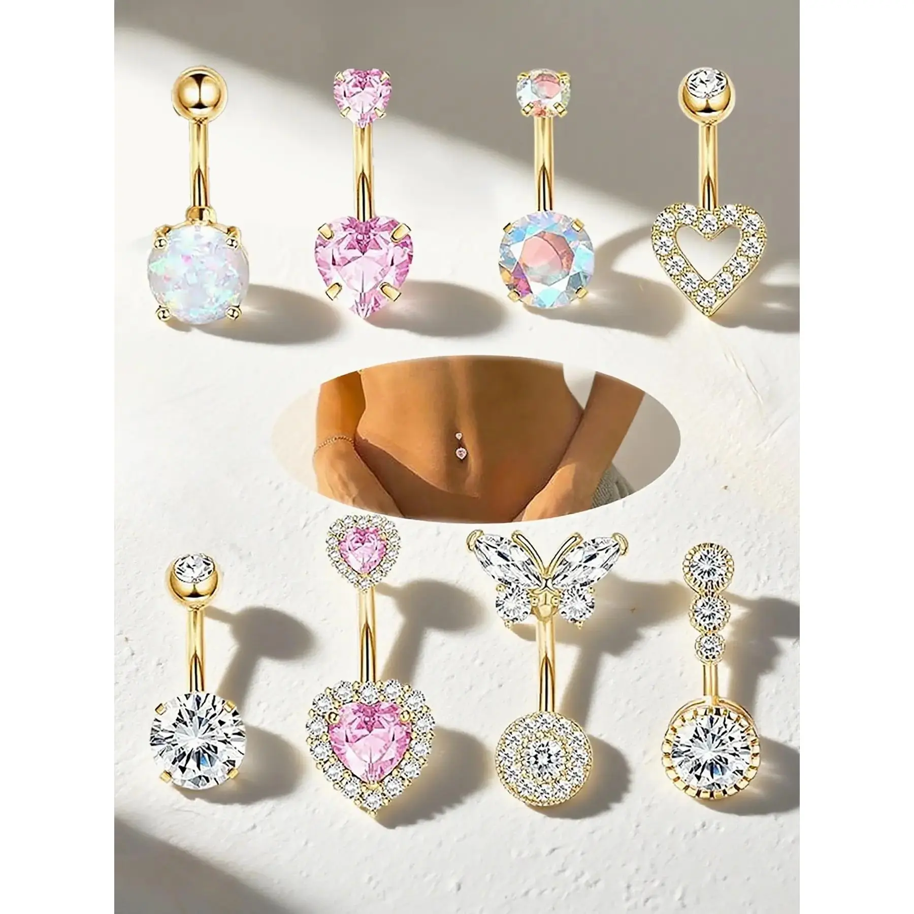 Women's Artificial Zircon Belly Button Ring Set, 8 Pieces Butterfly and Heart Design Belly Rings, Party Jewelry, Body Piercing Accessories, Navel Ring septum Titanium Hypoallergenic moonstone waist beads tongue floating nose bone lip screw magnetic ear