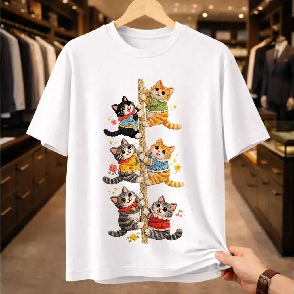 Soft Cotton Cute Cat Graphic Tee, Six Sweater-Wearing Kittens Climbing Rope T-Shirt, Kawaii Gift for Women Girls Cat Lovers