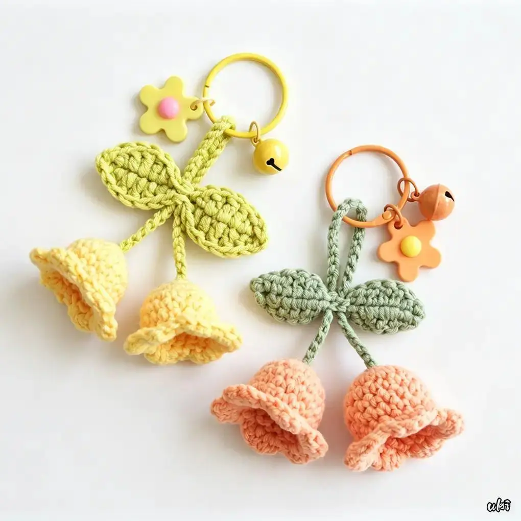 Handmade Crochet Tulip Keychain - Cute Soft Floral Pattern Keychain, Lightweight Yellow-Green Tulip-Shape Flower Form Bag Charm, Easy-To-Hang Decorative Luggage & Bag Accessory, Cute Soft Keychains