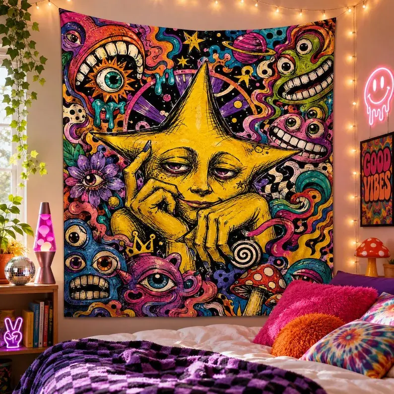 Trippy Weirdcore Tapestry, Smiling Star Wall Hanging, Psychedelic Mushroom Eye Wall Art, Y2K Maximalist Dorm Bedroom Decor Gift for Her Him