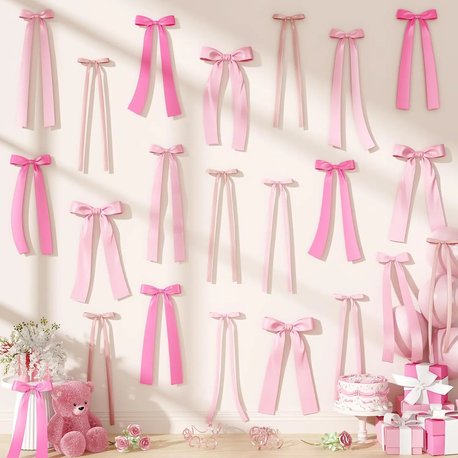 Pink Bow Birthday Decorations, 40Pcs Dusty Pink Bow Wall Decor DIY Ribbon Satin Bows Garland Photo Backdrop for Women Girl Coquette Bachelorette Baby Bridal Shower Room Bedroom Wedding Party Decorfidget toys