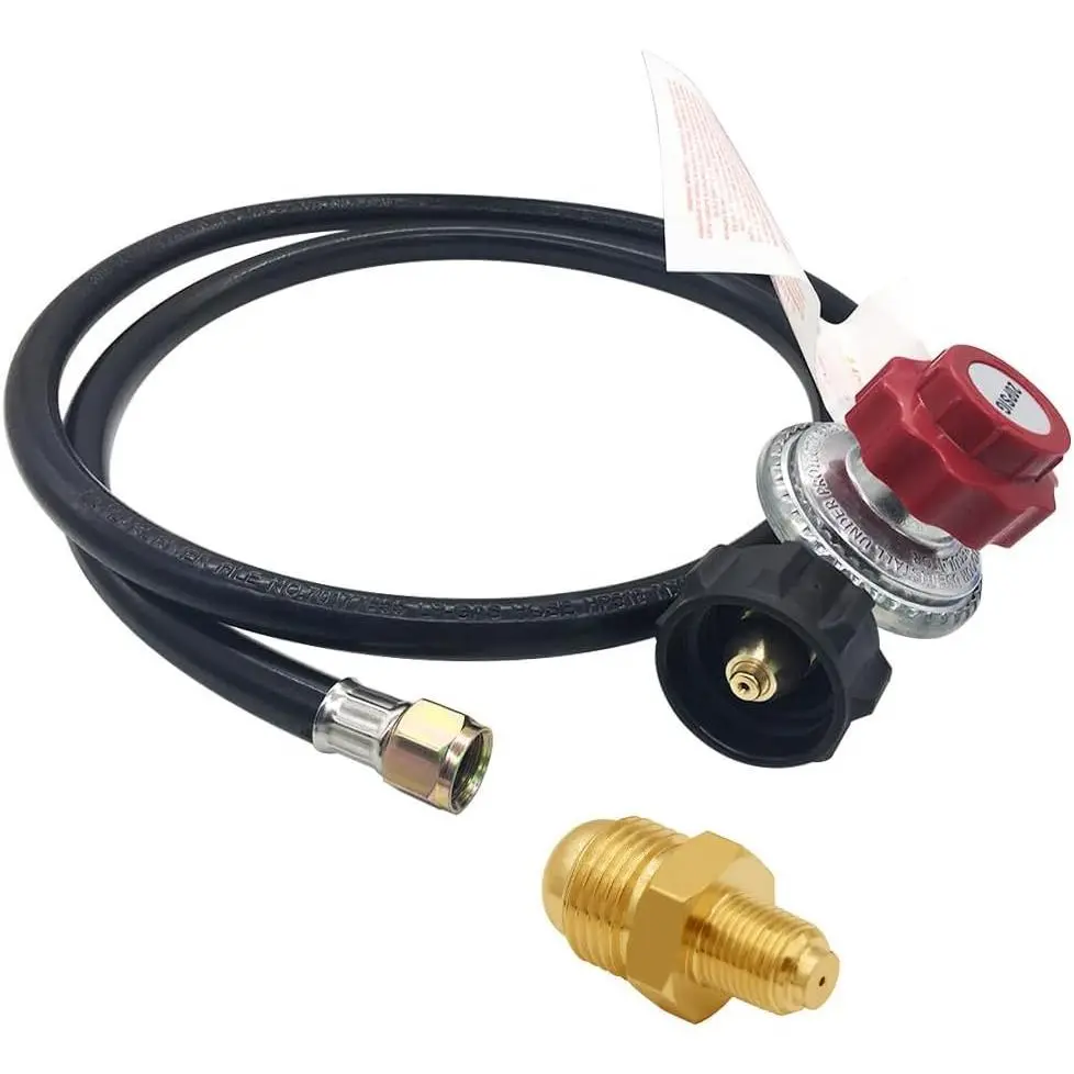 5 Ft Durable Rubber Propane Hose with Adjustable 0-20 PSI Pressure Adjust Regulator, QCC1 to 3/8-Inch Female Flare Adaptor, 3/8" Flare x 1/8" NPT Male Orifice, for Turkey Fryers & Grills