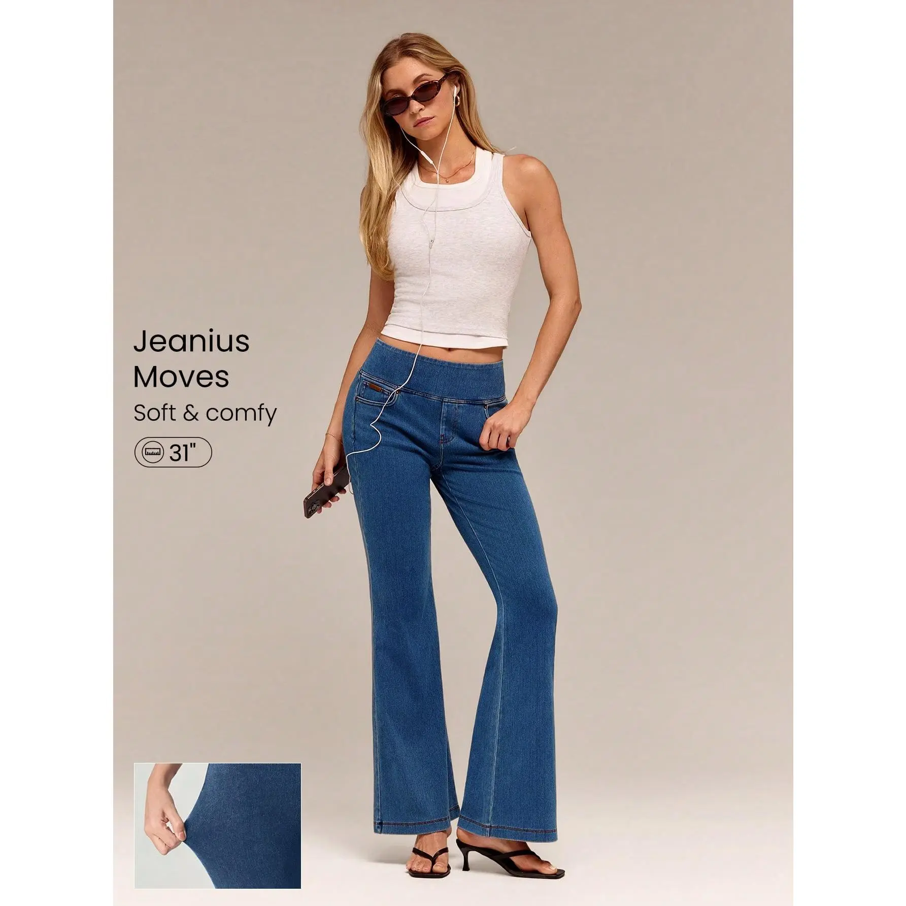 GLOWMODE Jeanius Moves DenimGlow Stretchy Breathable Mid-Rise Flare Yoga Denim Pants With 5-Pocket Design Daily Casual Wear