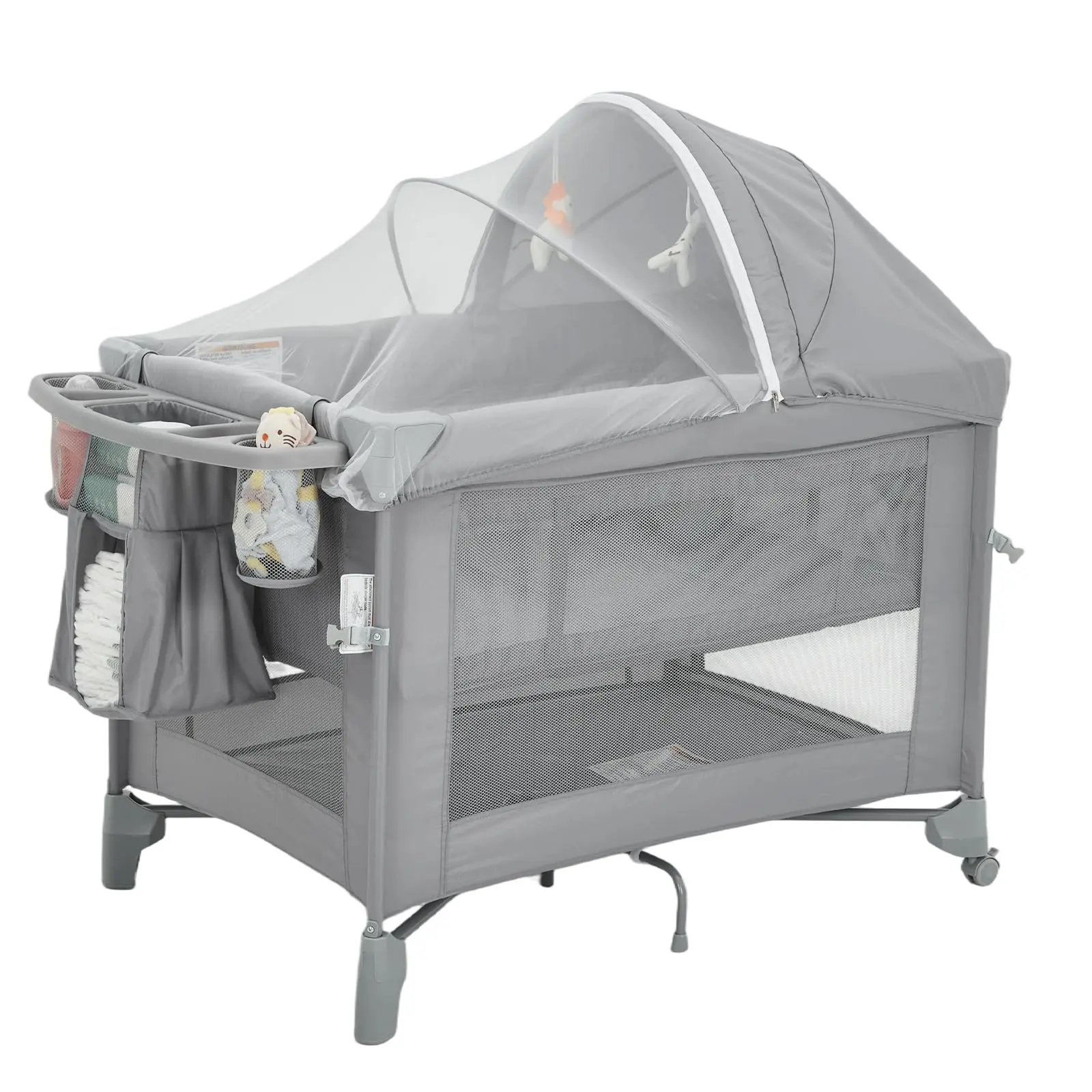 【GAOMON】5-in-1 Baby Bassinet Bedside Sleeper, Portable Crib with Diaper Changer & Playard, One-Push Fold, Breathable Mesh, Storage Pockets, for Newborn to Toddler, Travel Friendly