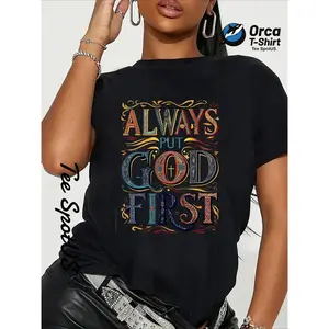 180g[100%cotton]Religious Style Short Sleeved Shirt with Retro Letters GOD FIRST Printed with Faith Theme, Pure Breathable, Believers' Daily Wear, Women'S Summer Easy And Fashionable Casual T-Shirt