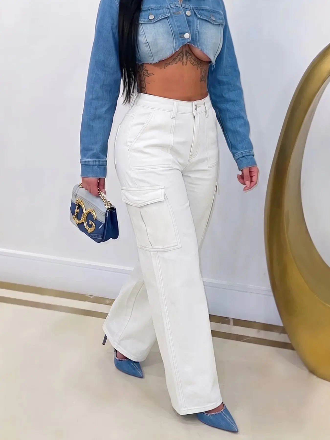 Women's High Waisted Denim Jeans, Side Cargo Pockets, Wide Leg, Casual Streetwear, Daily Wear, Spring Fall Outdoors, Pants