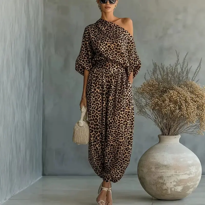 Women's jumpsuit with leopard print, long-sleeved pants set, off-shoulder top, lantern pants, women's clothing