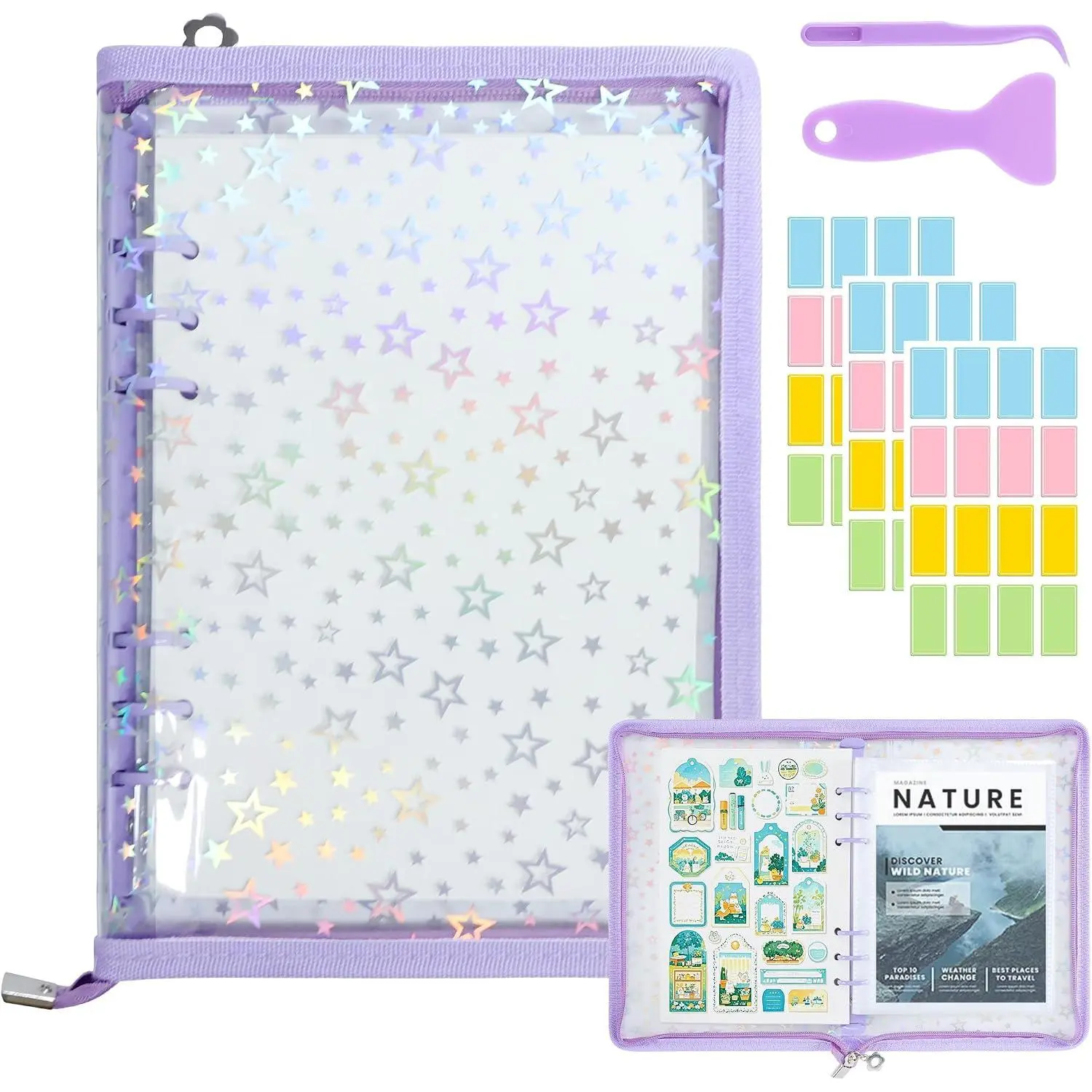 Sticker Storage Organizer Binder A5 Sticker Zipper Photocard Binder Holder Collecting Book Organizing Trading Card Album Holder with Blank  Release Paper