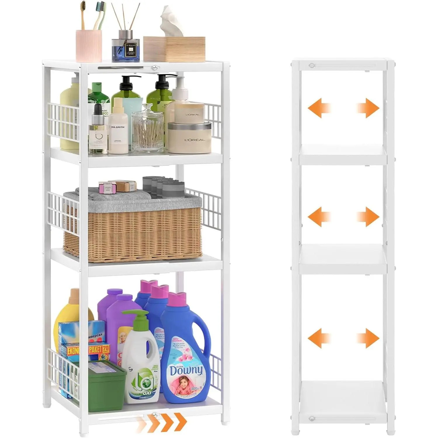 4 Tier Expandable Slim Shelf, Shelving Unit for Organizer, Shelf for Small, Open Shelves for, Laundry Room,,White