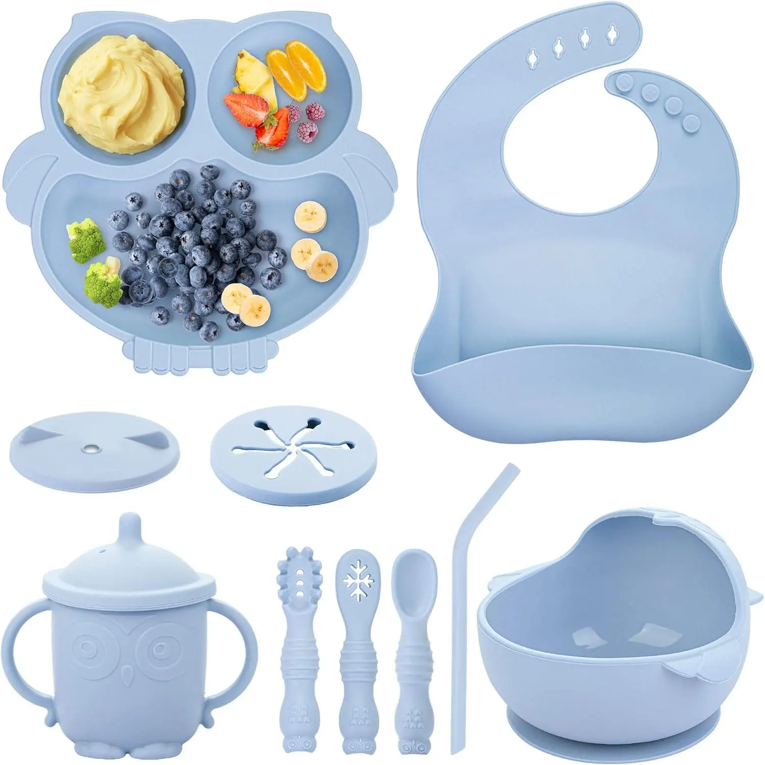 Baby Weaning Set, Silicone Baby Feeding Set(10 Pcs), Toddler Weaning Set with Adjustable Bib, Suction Bowl, Plate, k, Spoon, Water & Snack Cup Kit, Baby Led Weaning Kit  Babies and Kids