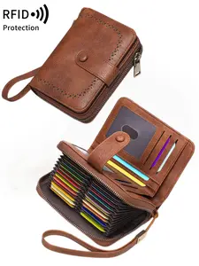 RFID anti-theft brush short wallet, Wallet Wristlet, RFID Wallets, large capacity retro organ style card bag, with zipper and wristband design, male and female zipper wallet, suitable for daily travel use, ideal gift, Mother's Day gift