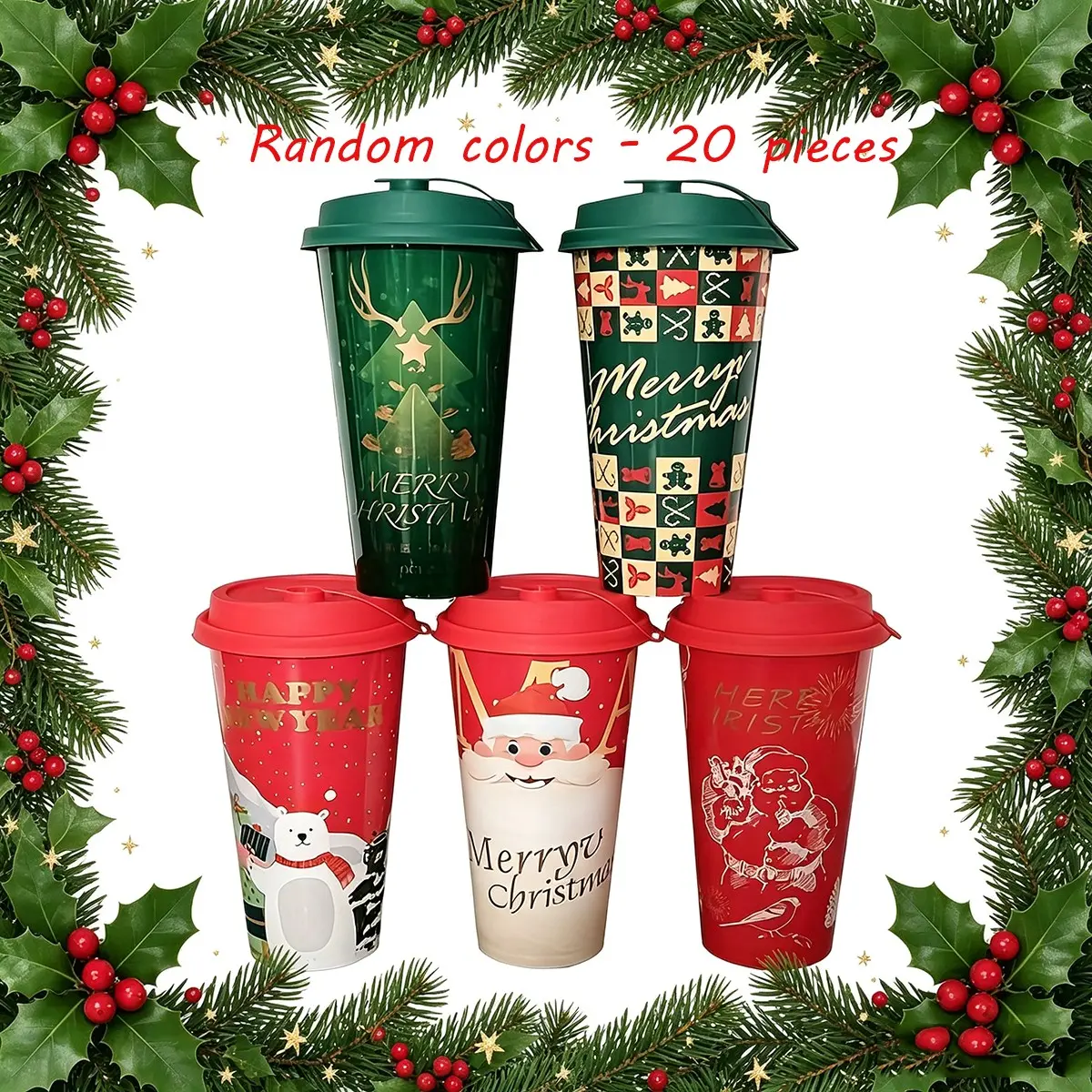 20 Reusable Christmas Cups, Plastic Cups with Lids, 17.6oz (520ML) Santa Tree Design, PP Material, Portable & Lightweight, Perfect for Holiday Parties