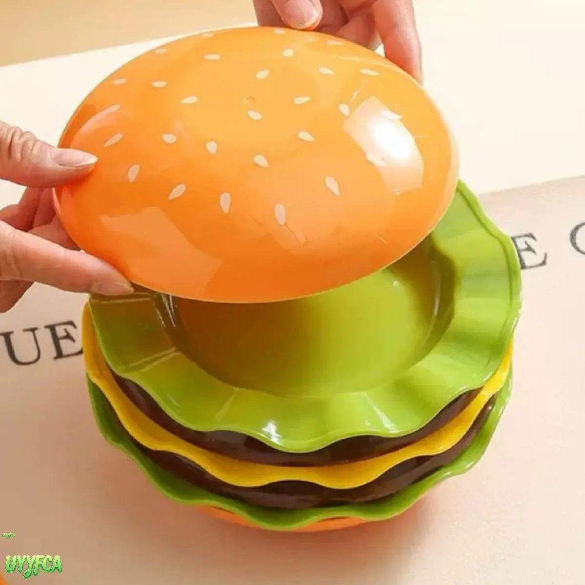 7 pcs Cute Hamburger‑Shaped Stackable Dinnerware Set,7 Multi‑Plastic Snack Plates, Versatile Serving Dishes For Salad, Dessert, Seasoning And Bone Discard For Home Dining, Party And Daily Table Use,Summervibes,sohochic