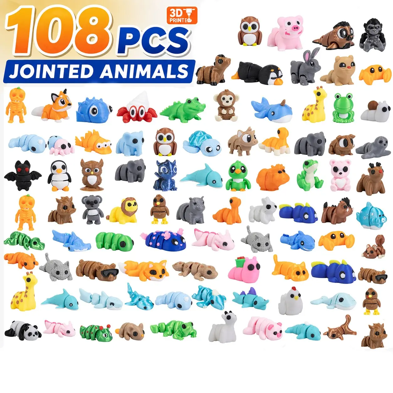108pcs Mini Animal Collection Set, Animal Collectibles, Figurine Set, Multi-Joint 3D Printed Animals Figurines Animal Figures Models, Stress Relief Decorative Gifts, Creative Blind Box Collectible Gifts