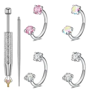 4pcs 316L Medical-grade Titanium Steel 20G Horseshoe Nose Hoop Internally Threaded Gems Nose Ring with Free Ball Holder & Guiding Needle