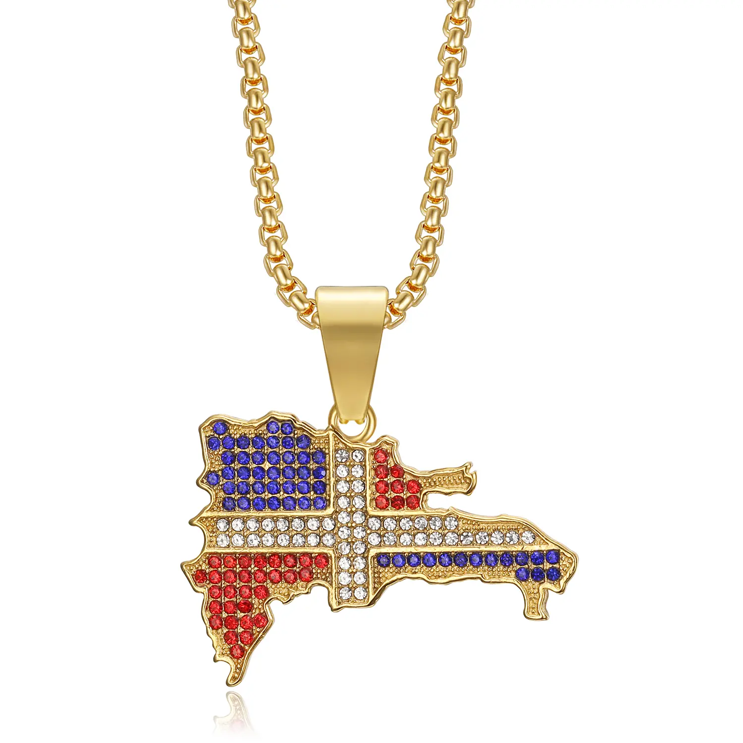 18K Gold Plated Dominican Republic Flag Map Pendant Punk Rock Stainless Steel Necklace, 24 Inch Chain Hip Hop Jewelry Gift for Men Women