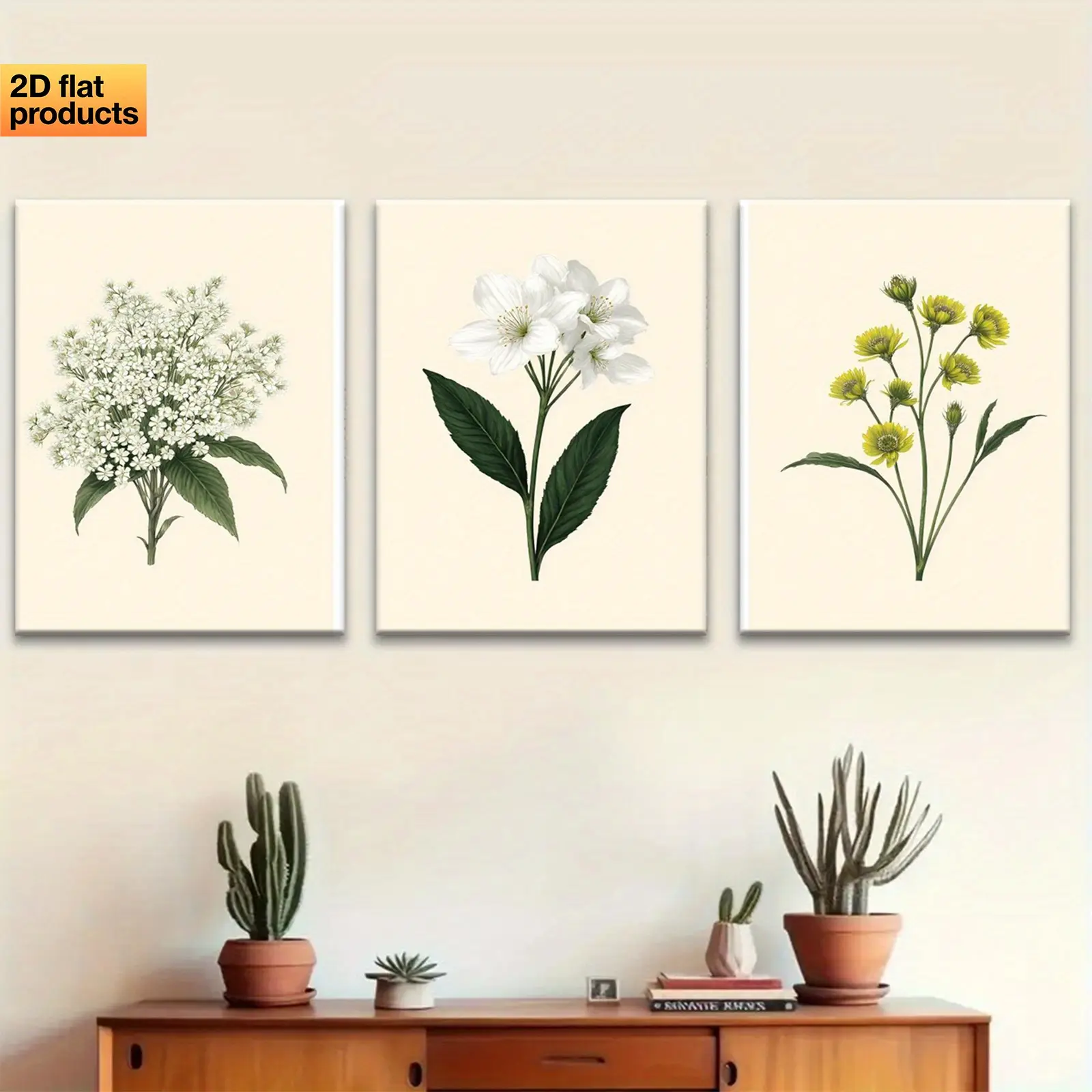 2D Flat Print Wrapped Canvas Print Set of 3, wooden framed elegant botanical prints with white and yellow blooming lilacs and daisies in soft beige tones. Wrapped canvas artwork suitable for outdoor, living room and bedroom decoration