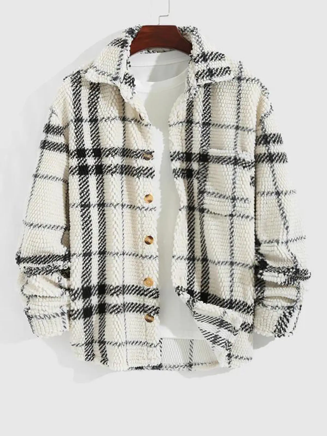 Men's Casual Fall & Winter Coat Outerwear, Comfortable Knit Plaid Shirt Jacket with Buttons, Long Fitted Sleeves, Christmas Gift