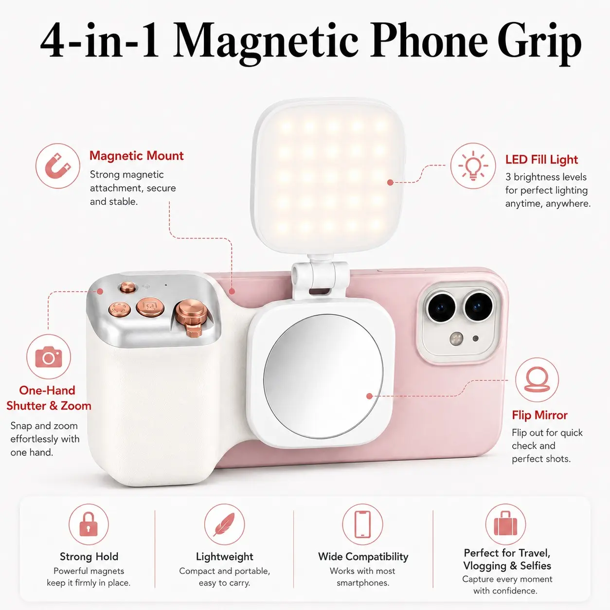 Magnetic Phone Camera Grip with Remote Shutter, Handheld Vlogging Handle, Zoom Control Grip Stand for Photo Video Shooting Smartphone