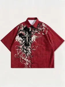 Men's Fashion Plaid Patterned Shirt, Casual Short Sleeve Button-Up Collar Shirt, Stylish Outwear for Daily Wear, Comfortable and Trendy Design, Punk