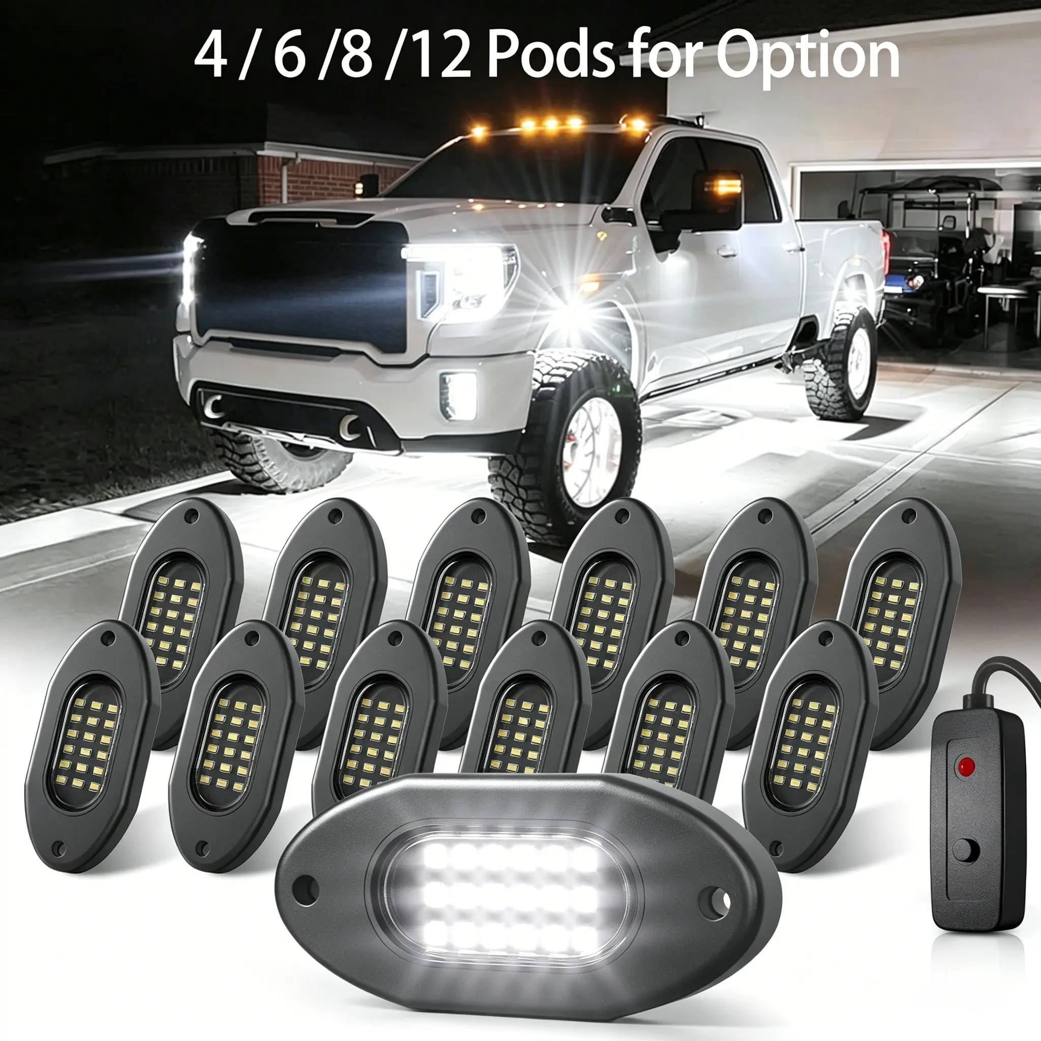 Pure White LED Rock Lights for Trucks, DC12V Super Bright Car Underglow Wheel Lights with Switch, IP68 Waterproof Neon Accent Lighting Kit Complete Set, Fit for ATV UTV RZR SUV Off Road Vehicles