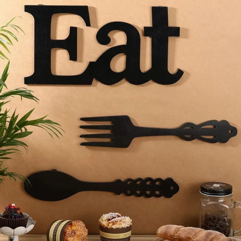 One Set of EAT Sign, Fork and Spoon Wall Decor, Rustic Wooden Dining Letters for Kitchen and Home, Cute Hanging Wooden Lettering, Farmhouse Restaurant Wall Art in Black, Decorative Wall Plaque