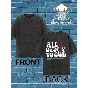 1Pc Men'S Sm Heavyweight T-Shirt - Dual-Sided Washed Vintage Streetwear Tee With All Glory To God Cross Print, Black With White & Red Lettering, Regular Fit Round Neck All-Season Casual Top, Holiday Gift